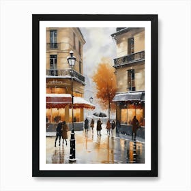 Paris cafes, winter season, Christmas, autumn oil colors, pale colors, pedestrians in the street, winter clothes, falling snow.7 1 Art Print