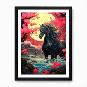 Black Horse In Cherry Blossoms 1 Art Print