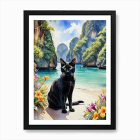 Black Cat in Maya Bay - Watercolour Black Cat Travels Art Print of Maya Bay Phi Phi Islands The Beach Thailand - Exotic Tropical Paradise Backpacker Landscape Scenery Pagan Witch Wicca Gallery Feature Wall Travelscape HD Art Print