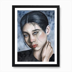 Watercolor portrait of an Asian woman with blue eyes Art Print