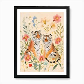 Folksy Floral Animal Drawing Tiger 8 Art Print