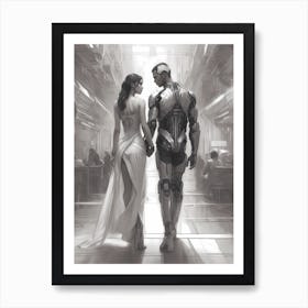 Human And Cyborg Lovers Holding Hands Art Print