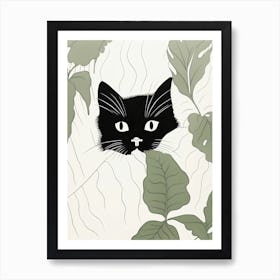 Monstera Cat Line Drawing Art Print