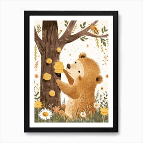 Sloth Bear Cub Playing With A Beehive Storybook Illustration 1 Art Print