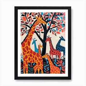 Cute Giraffe Herd Under The Trees Illustration 6 Art Print