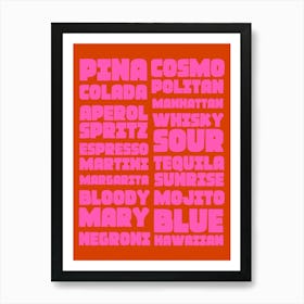 Cocktail List Typography Pink and Orange Art Print