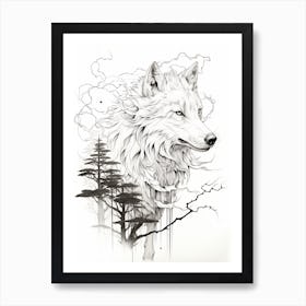 Japanese Wolf Line Drawing 1 Art Print