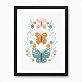 Butterflies And Flowers in teal & yellow Art Print