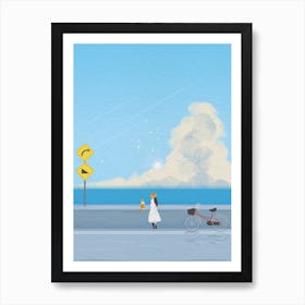 Minimal art illustration Beautiful view of seaside street with girls and bicycles Art Print