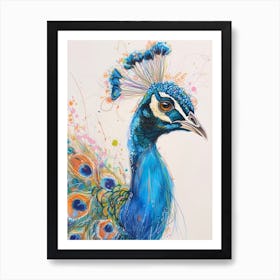 Scribble Colourful Portrait Of A Peacock Art Print