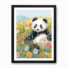 Giant Panda Cub In A Field Of Flowers Storybook Illustration 2 Art Print