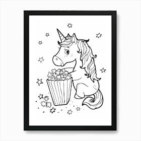 Unicorn Eating Popcorn Black & White Doodle Art Print
