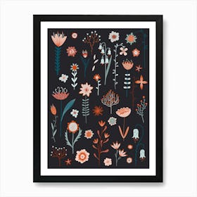 Scandinavian Flowers On A Black Background Art Print