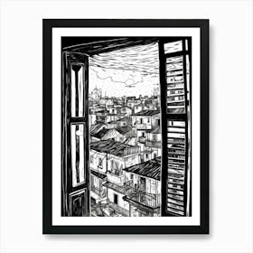 A Window View Of Havana In The Style Of Black And White  Line Art 3 Art Print