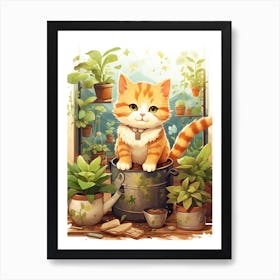 Kawaii Cat Drawings Gardening 6 Art Print