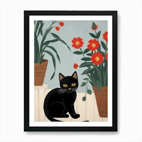 Floral Black Cat Painting (38) Art Print