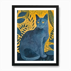 Russian Blue Cat Relief Illustration 2 Art Print