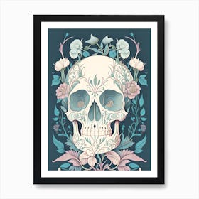 Skull With Floral Patterns 2 Pastel Line Drawing Art Print