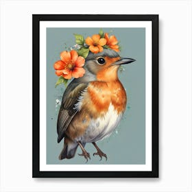 Robin With Flowers 1 Art Print