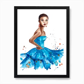 Watercolor Illustration Of African American Woman In Blue Dress_ art by Ana Filipa Art Print