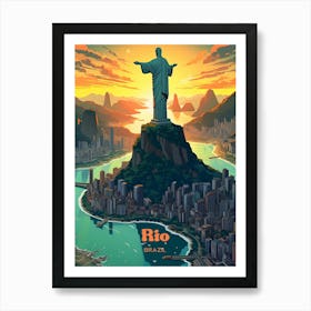 Rio Brazil Christ Statue Travel Illustration Art Print