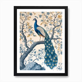 Peacock In The Tree Cream & Blue Vintage Wallpaper Art Print