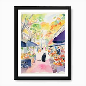 Food Market With Cats In Sydney 3 Watercolour Art Print