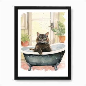 Black Cat In Bathtub Botanical Bathroom 6 Art Print