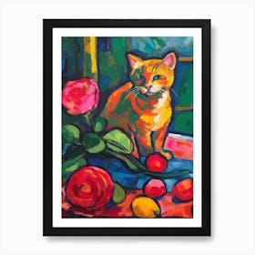 Rose With A Cat 4 Fauvist Style Painting Art Print