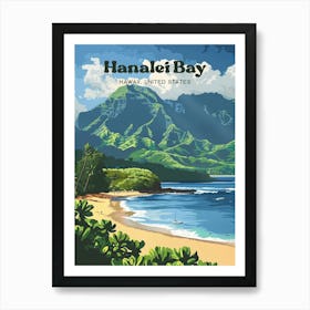 Hanalei Bay Hawaii Vintage Digital Travel Illustration Affiche