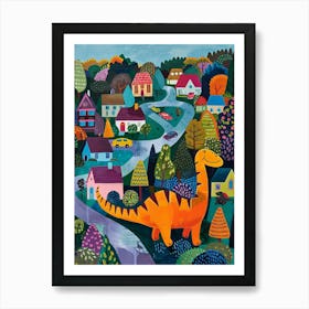 Cute Colourful Dinosaur In A Village 4 Art Print