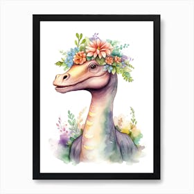 Brachiosaurus With A Crown Of Flowers Cute Dinosaur Watercolour 3 Art Print