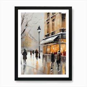 Paris cafes, winter season, Christmas, autumn oil colors, pale colors, pedestrians in the street, winter clothes, falling snow.Christmas decorations.9 2 Art Print