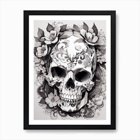 Sugar Skull With Flowers Print  Art Print