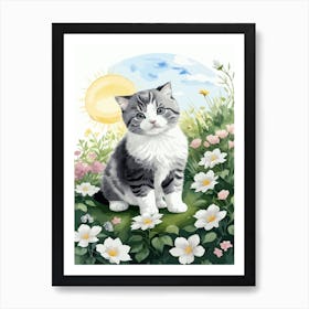 Cute Kitten And Flowers Watercolor 4 Art Print