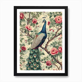 Cream Vintage Peony Peacock Art Print