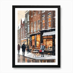 Amsterdam cafes, winter season, Christmas, autumn oil colors, pale colors, pedestrians in the street, winter clothes, falling snow.1 2 Art Print