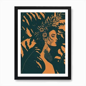 Hawaiian Girl surrounded by Tropical Leaves Art Print