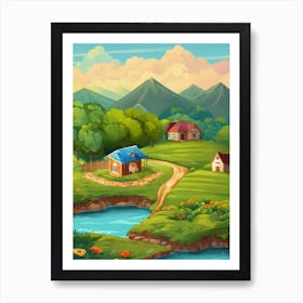 Landscape With Houses And River Wall Art For Living Room Art Print