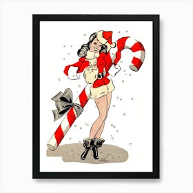 Pinup Girl In Santa Costume And A Big Candy Stick Art Print