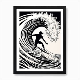 Surfer On A Wave Linocut Black And White Painting, into the water, surfing 1 Art Print