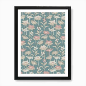 GARDEN MEADOW Floral Botanical Flowers Wildflowers in Neutral Beige Cream Dusky Pink on Light Teal Art Print