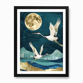 Cranes Flying Gold Blue Effect Collage 2 Art Print