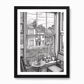A Window View Of London In The Style Of Black And White  Line Art 4 Art Print