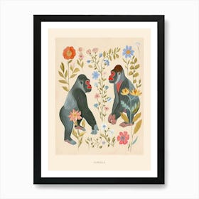 Folksy Floral Animal Drawing Gorilla 6 Poster Art Print