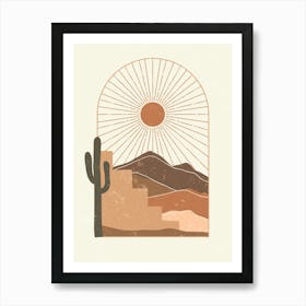 Desert Sun Cactus Mountains Warm Colors Arched Window Art Print