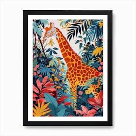 Colourful Giraffe In The Leaves Illustration 1 Art Print