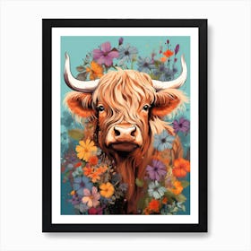 Floral Portrait Painting Style Of Highland Cow 3 Art Print