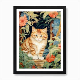 Floral Stripy Cat In Botanical Garden Art Print