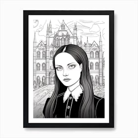 Nevermore Academy With Wednesday Addams Line Art 01 Fan Art Art Print